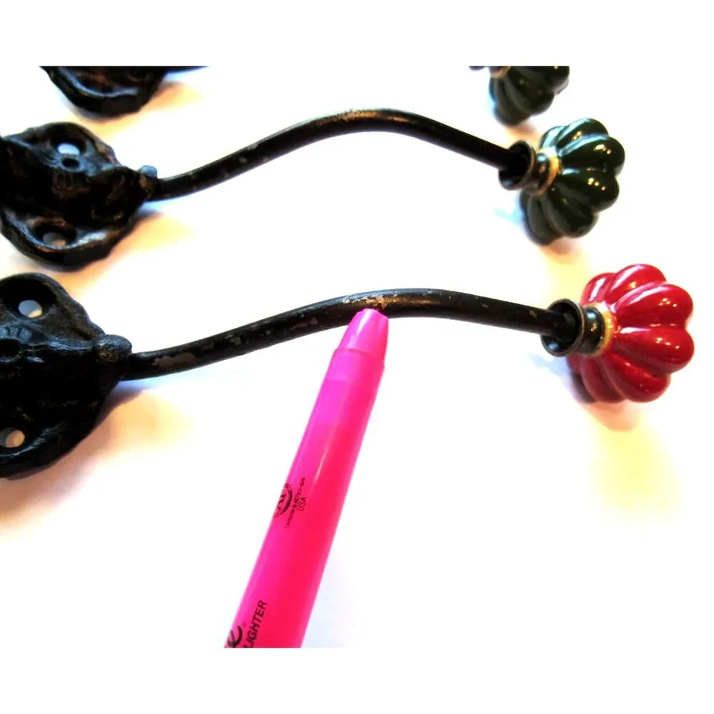 Metal hangers 3 wall hooks beautiful design green red melon ceramic knob 6-3/4in